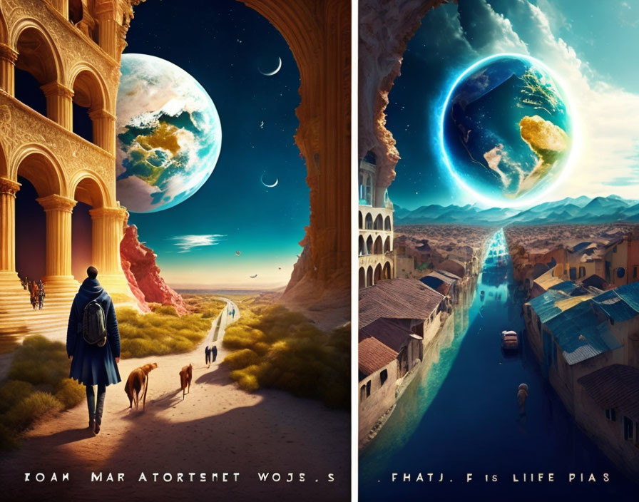 Person and dog in surreal landscape with oversized planets above ancient desert city.