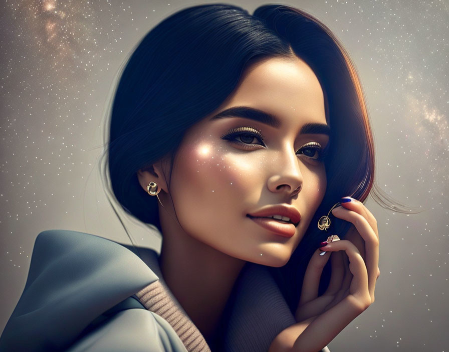 Stylized portrait of woman with glowing skin and star-like freckles against cosmic backdrop