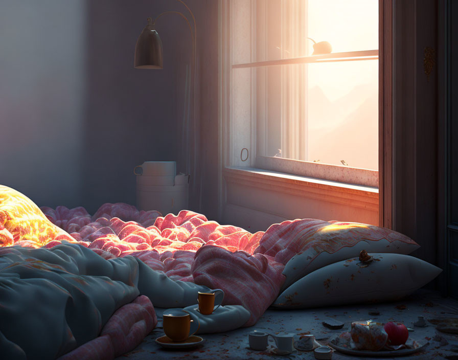 Warm Sunrise-Lit Bedroom with Rumpled Bedding, Pastry, and Coffee Cups