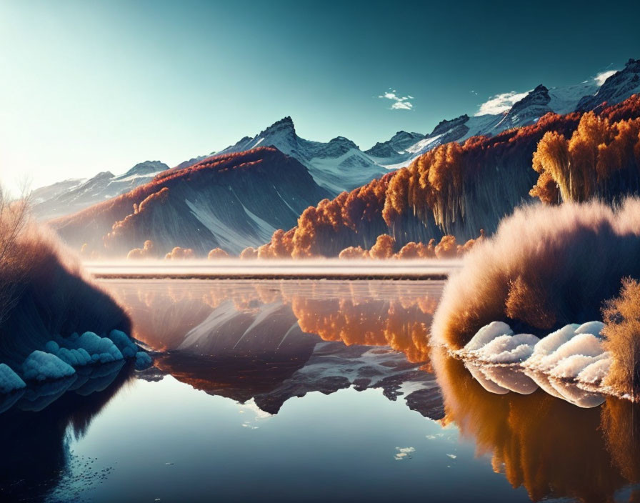 Tranquil landscape: Amber trees, lake reflection, snow mountains, mist.