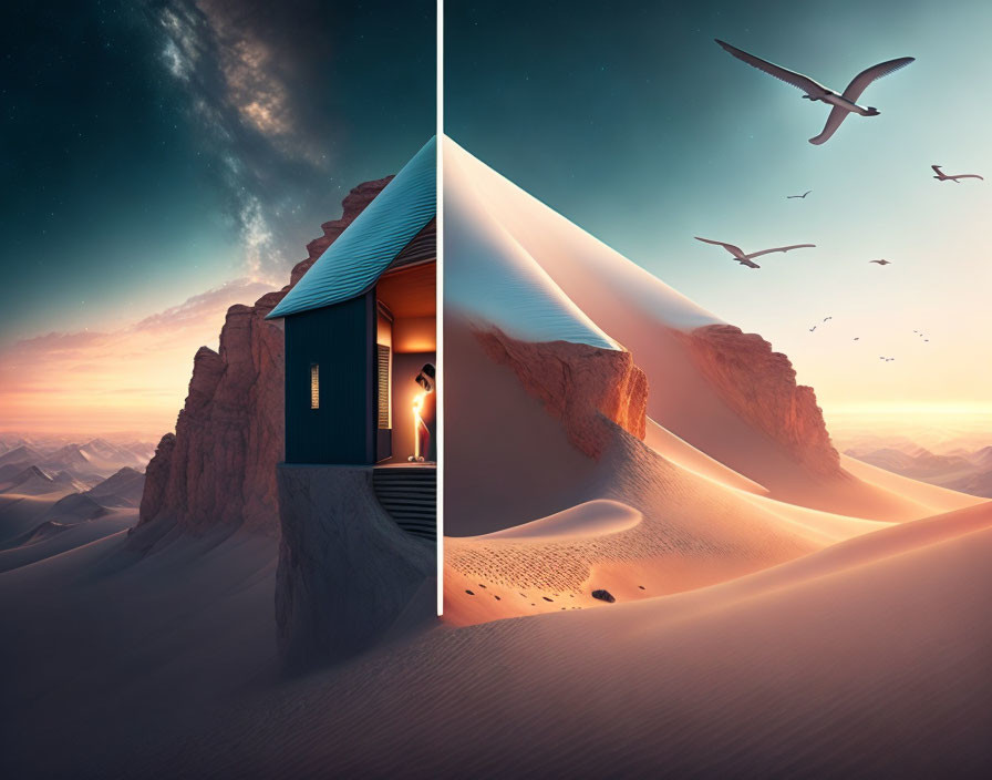 Split scene: Cozy house on rocky cliff next to serene desert with flying birds