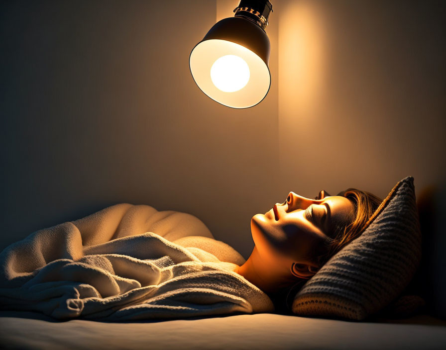 Person lying in bed under a warm, serene light.