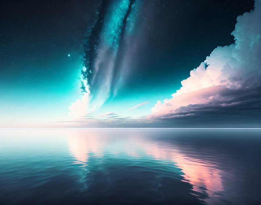 Tranquil sea landscape with twilight sky and Milky Way reflection