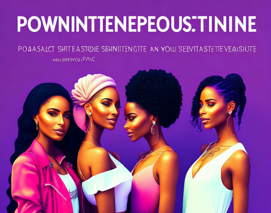 Stylized animated women with diverse hairstyles on purple background.