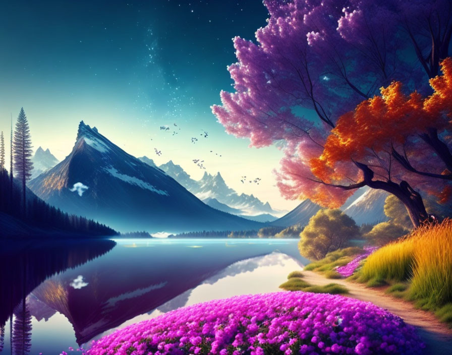 Colorful Fantasy Landscape with Trees, Lake, Mountains, Stars, and Birds