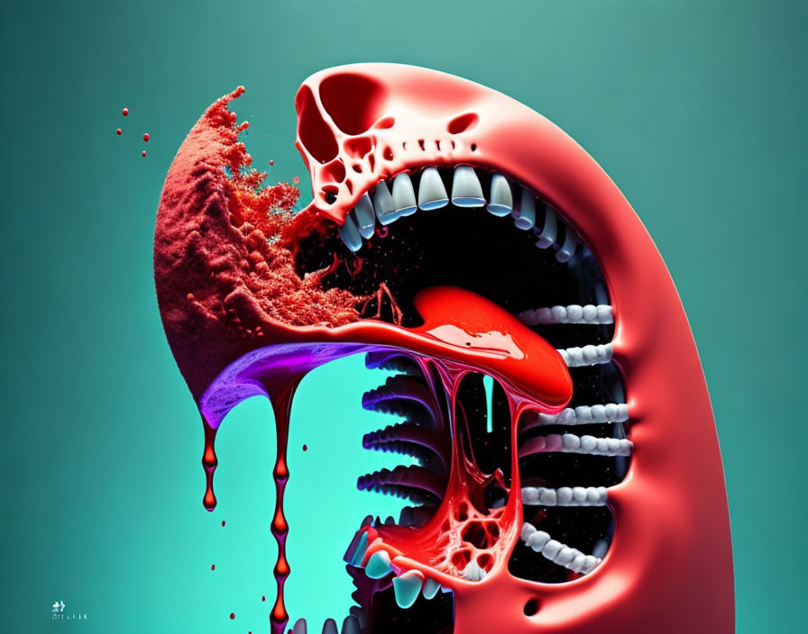 Colorful Digital Artwork: Stylized Red Skull with Paint Splashes on Teal Background