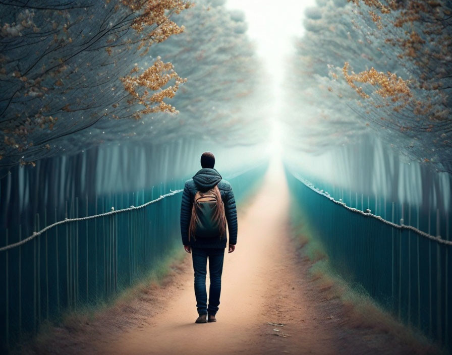 Person walking down tree-lined path towards bright light