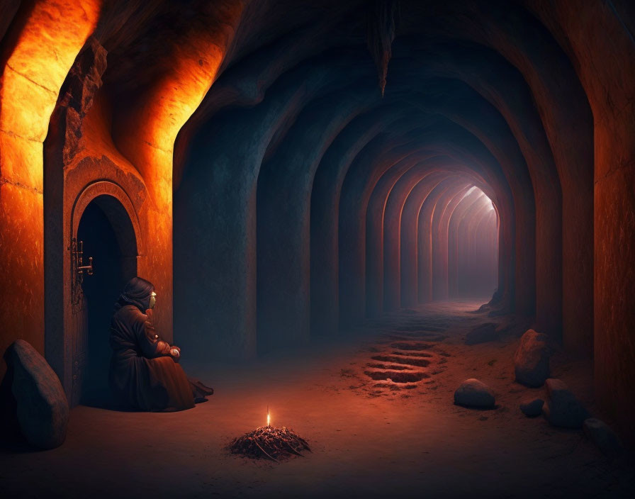 Hooded figure by small fire in arched tunnel with warm glow