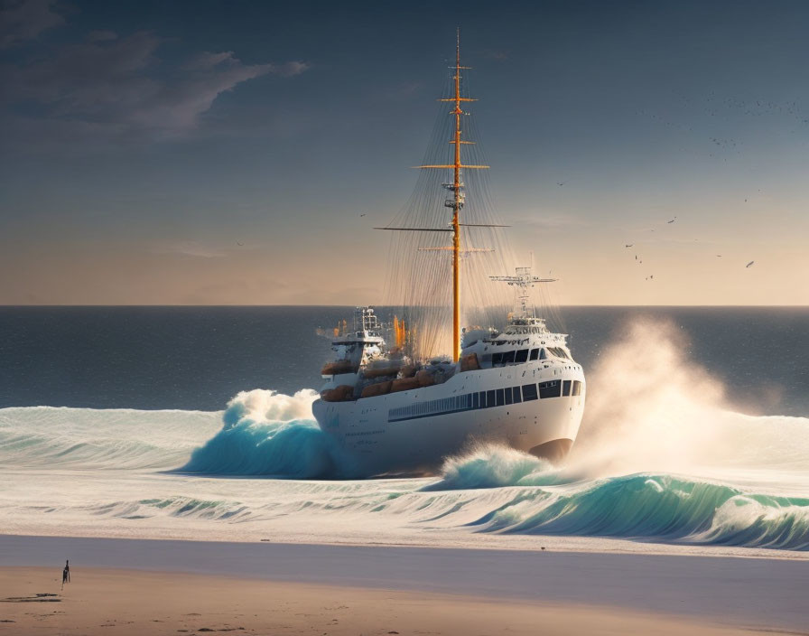 Ship on towering wave near beach with lone person and birds under hazy sky