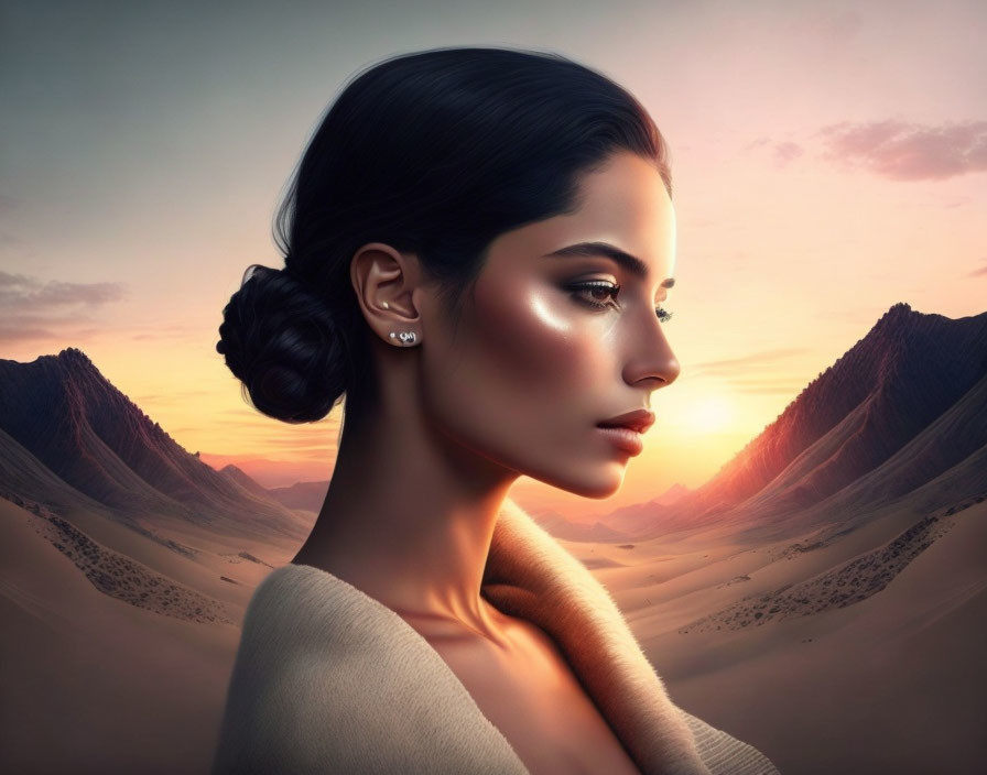 Digital artwork: Woman in profile against desert sunset