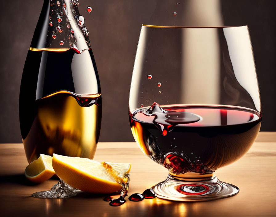 Cognac bottle and glass with citrus slices and splash on wooden surface