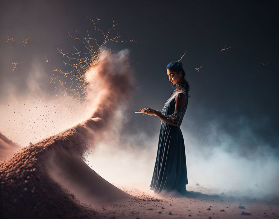 Woman in dark dress holding glowing book with magical particles and birds against moody backdrop