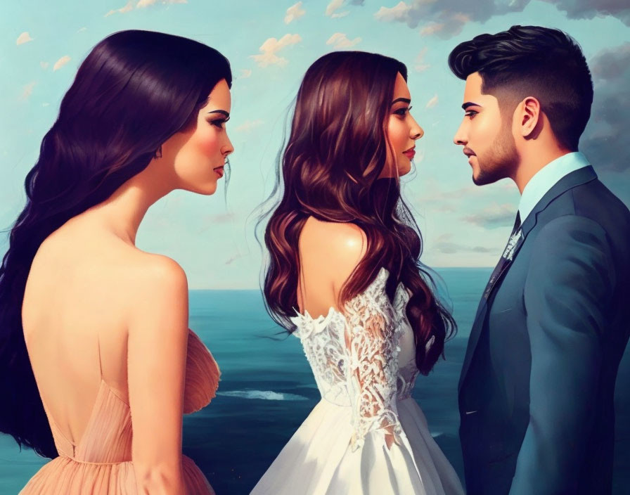 Illustration: Man in suit with two women, ocean backdrop, emotional tension