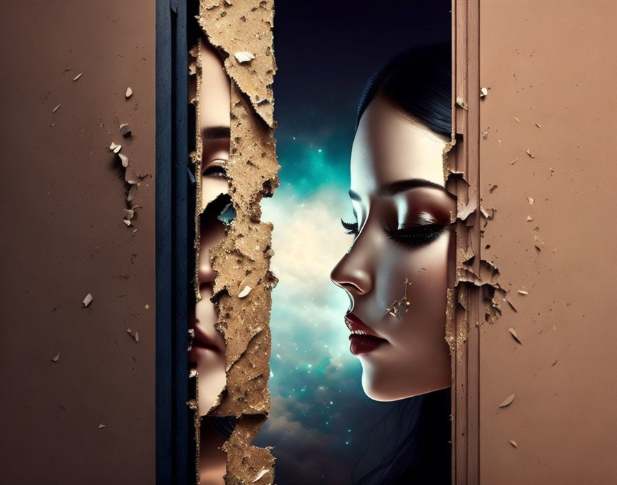 Surreal portrait featuring woman's face and cosmic backdrop with torn paper effect