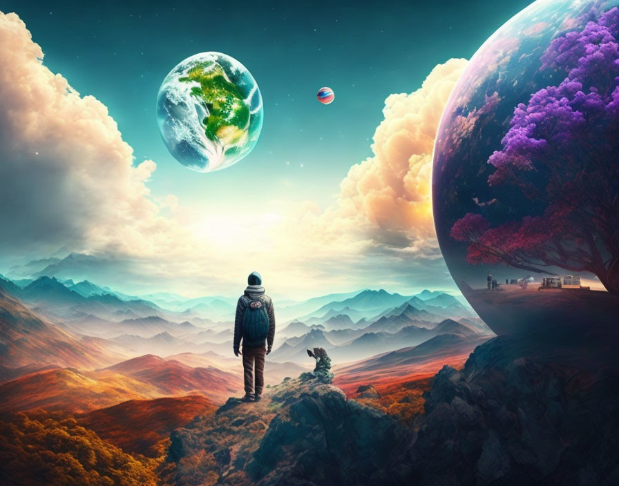 Person on Cliff Observing Surreal Landscape with Oversized Planets and Colorful Trees