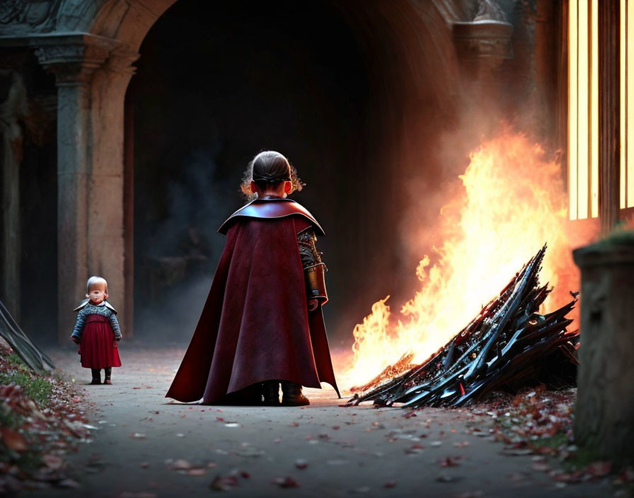 Children in Red Capes by a Fire in Historical Setting