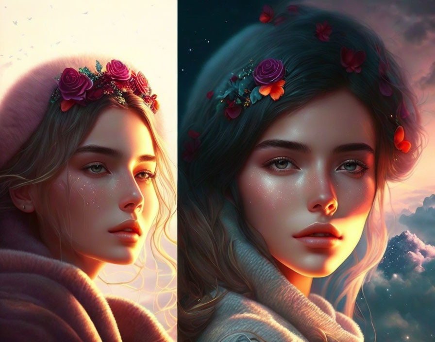 Portrait of a woman with floral headband in dual lighting moods