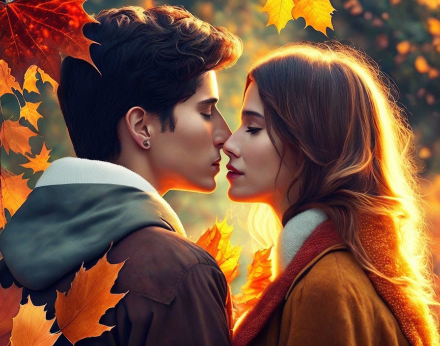 Romantic couple kissing in autumn sunset light among leaves