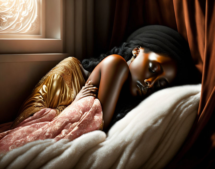 Woman resting on plush pillows with dark hair in turban in warm light.