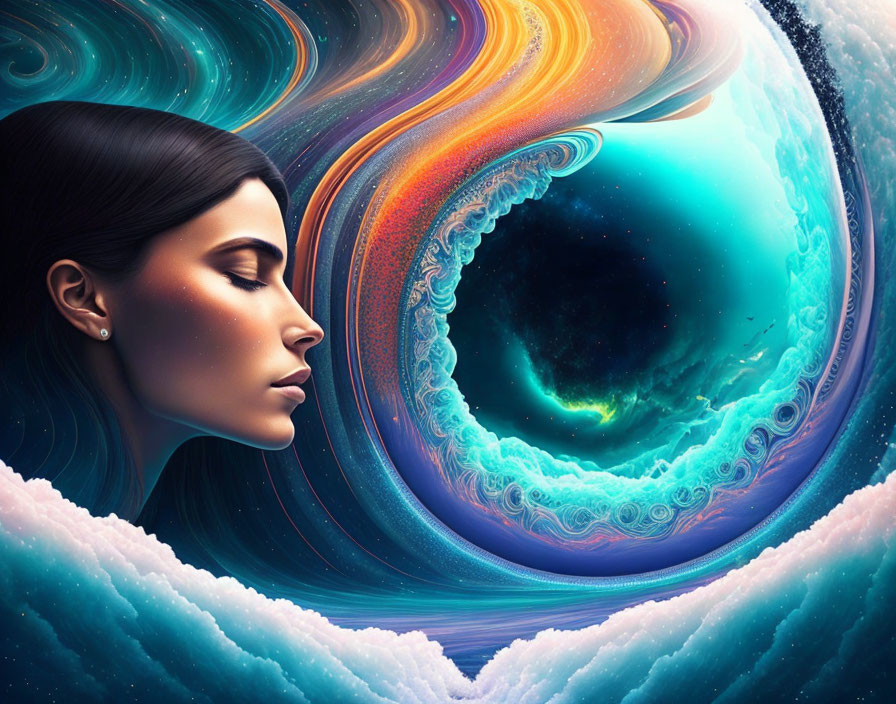 Profile of serene woman blended with vibrant cosmic scene, swirling galaxies, black hole, celestial clouds