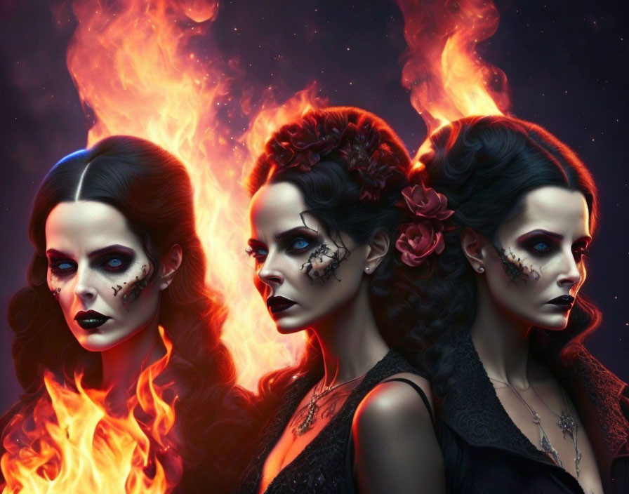 Three women with gothic makeup and hairstyles on dark background with flames.