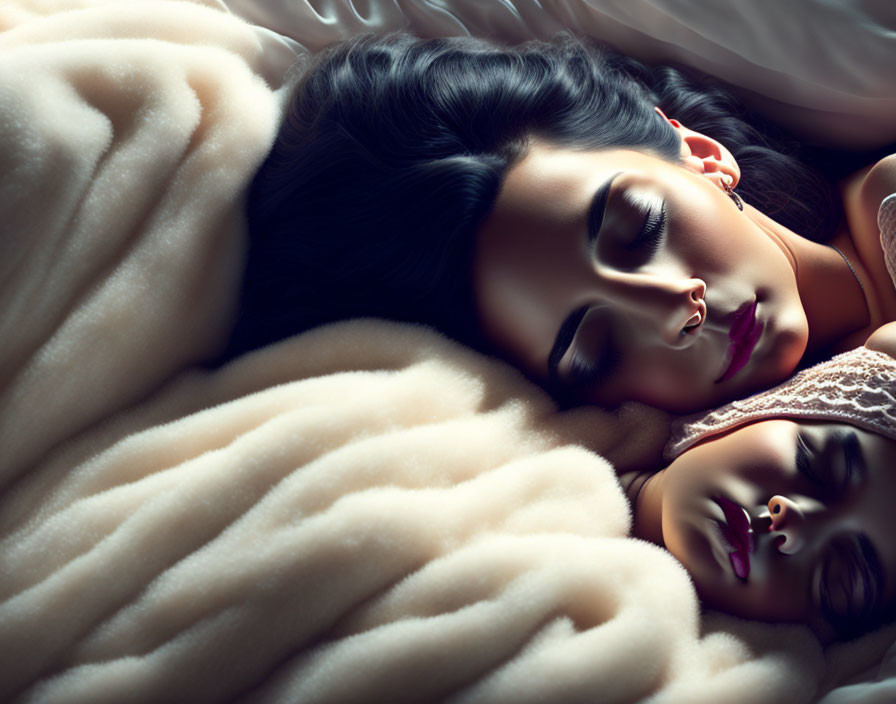 Woman lying under soft beige blanket with closed eyes in serene lighting