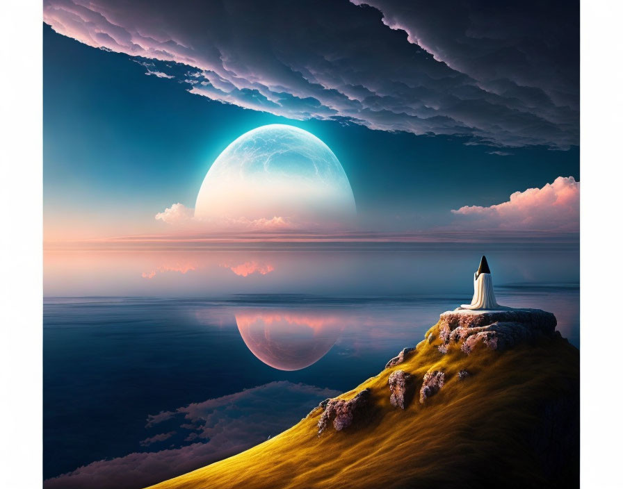 Surreal landscape: sailboat on hill, moonlit sea