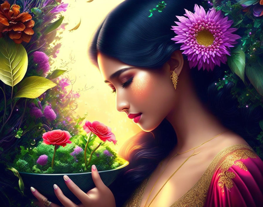 Digital artwork: Woman with dark hair, gold earrings, red outfit, holding bowl of vibrant flowers.