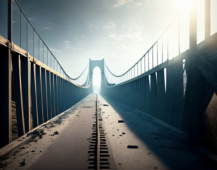 Railway suspension bridge over urban landscape under clear sky