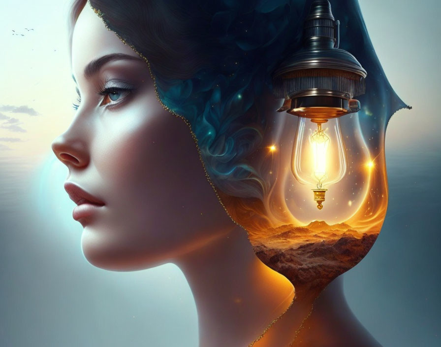 Surreal digital artwork: woman's profile reveals landscape and glowing lightbulb