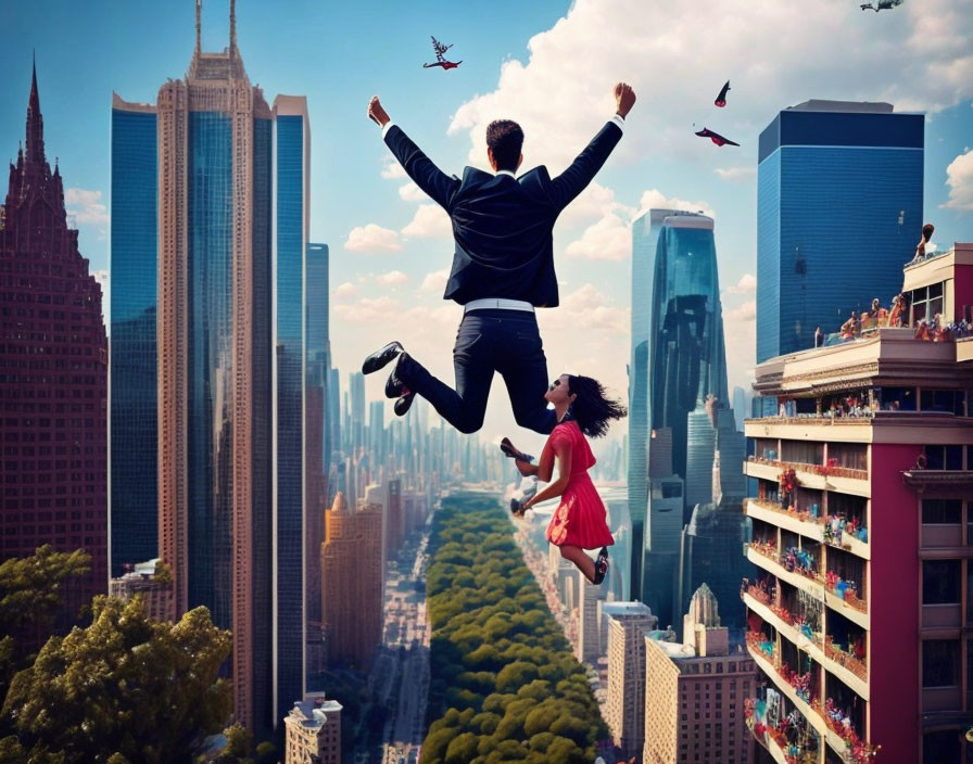 Man and Child Floating Above Cityscape with Skyscrapers and Drones