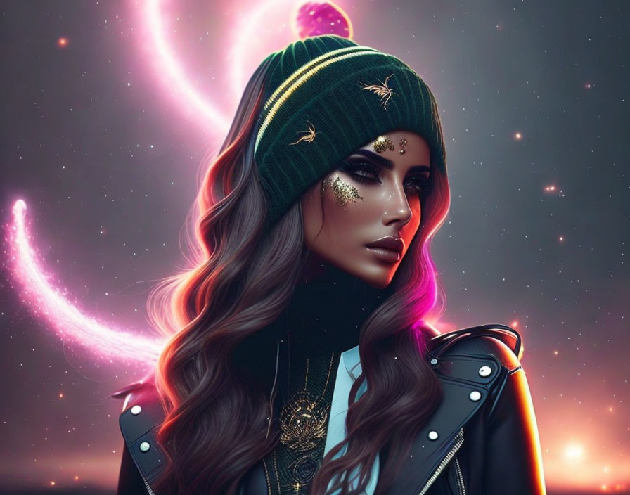 Digital art portrait of woman with long hair, beanie, starry makeup, cosmic background.