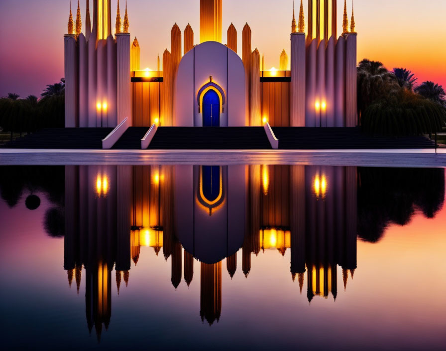 Modern building with tall pillars reflected in water at sunset