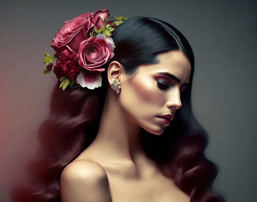 Woman with Pink Rose Floral Hairpiece and Brown Wavy Hair