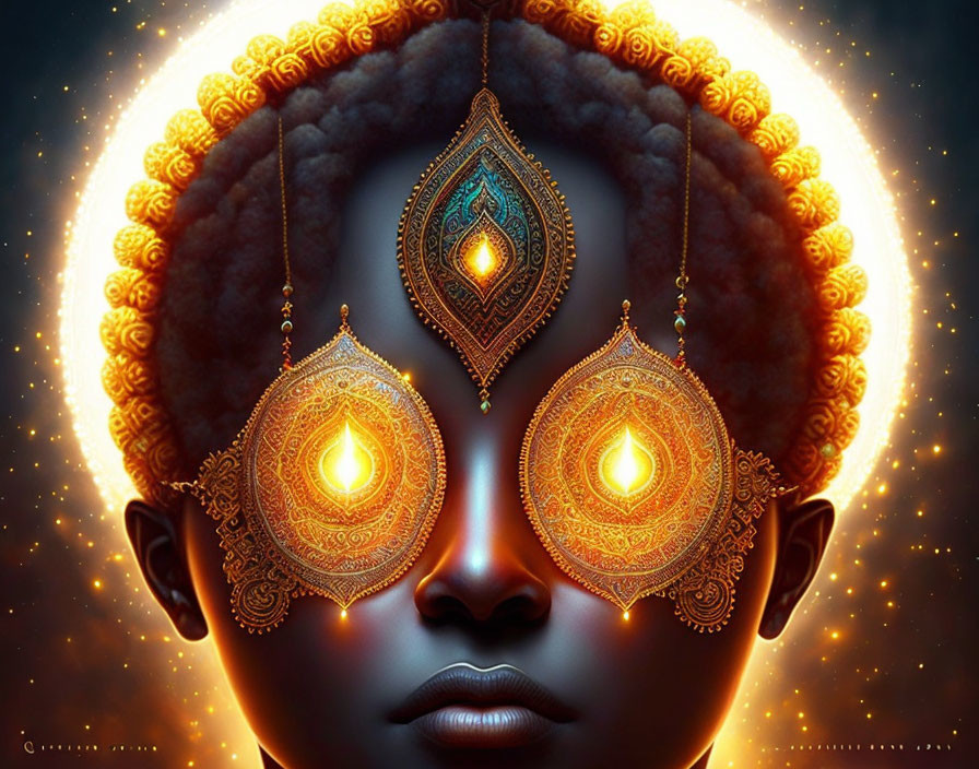 Person with Glowing Ornate Earrings in Fiery Cosmic Background