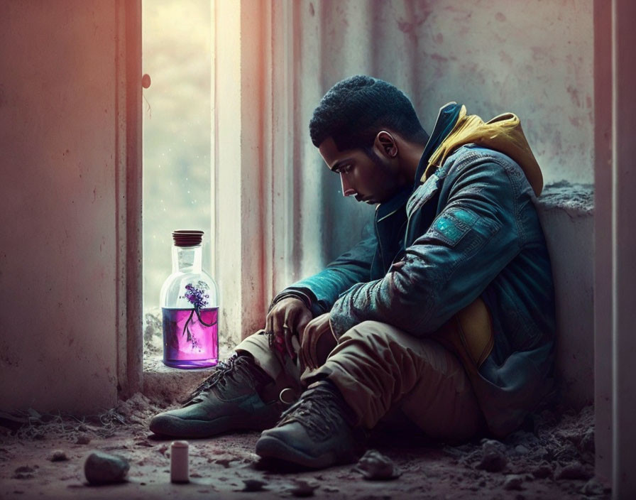 Man sitting by dusty window with purple potion in glowing jar