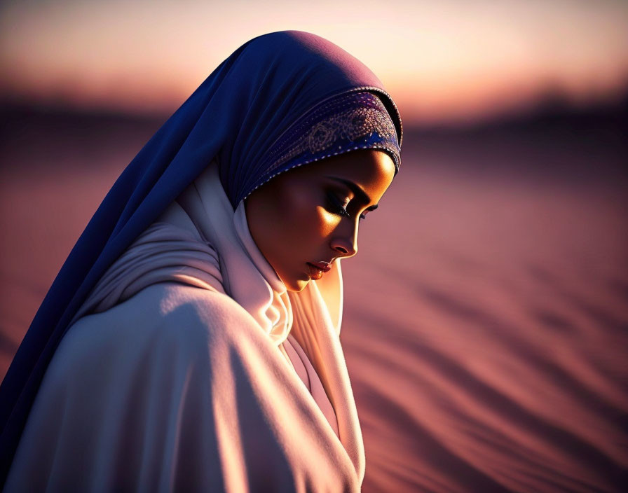 Contemplative woman in blue and white hijab at desert sunset