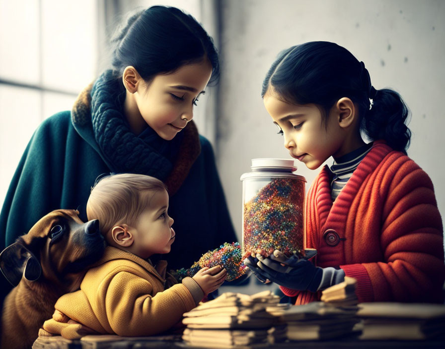 Two girls, a baby, and a dog with colorful beads in a jar.