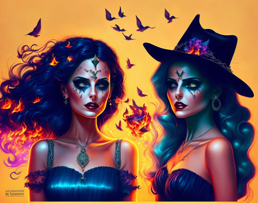 Stylized witches with vibrant makeup and mystical accessories in fiery setting