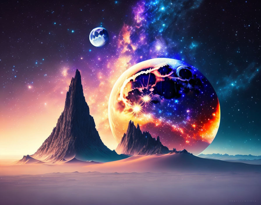 Surreal landscape with mountain, desert, and celestial bodies at dusk