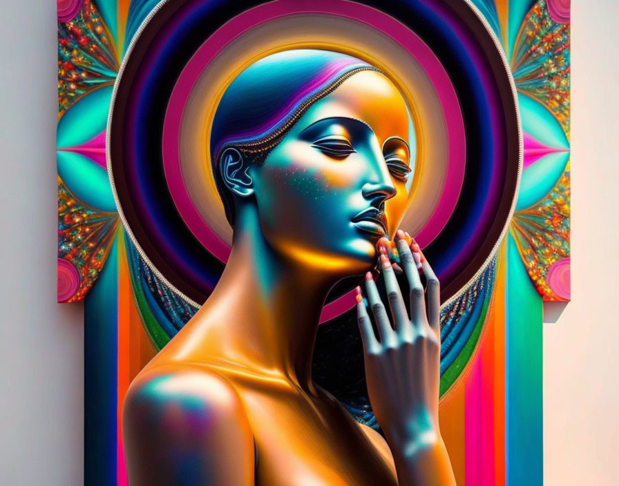 Vivid digital artwork: woman with blue skin, rainbow backdrop, psychedelic aesthetic