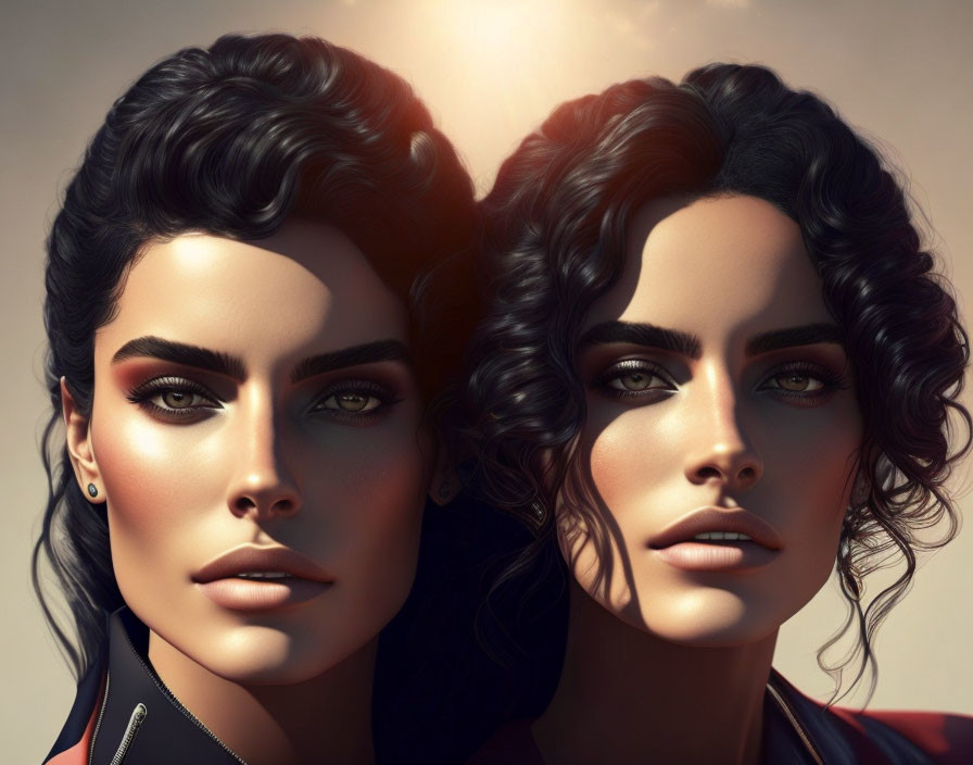 Close-up portrait of two women with dark, curly hair and striking green eyes