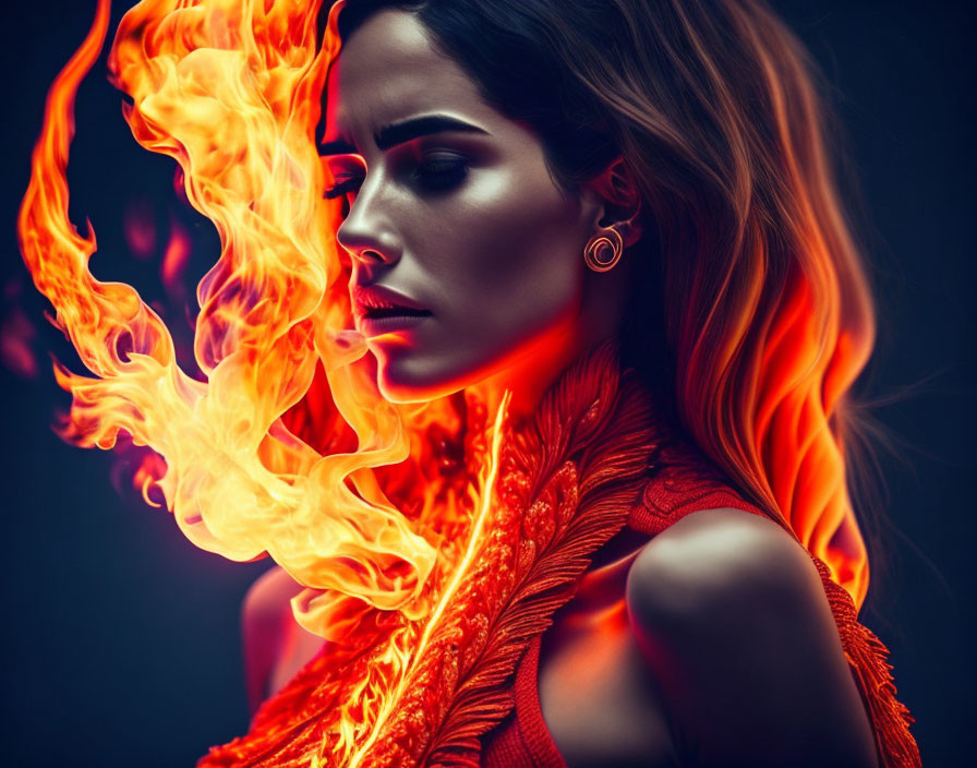 Woman with fiery hair and clothing merging with flames on dark backdrop