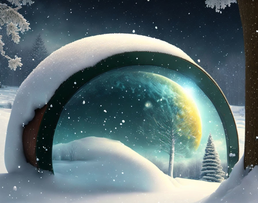 Snow-covered landscape with trees under nighttime sky and surreal circular portal showing vibrant starry universe