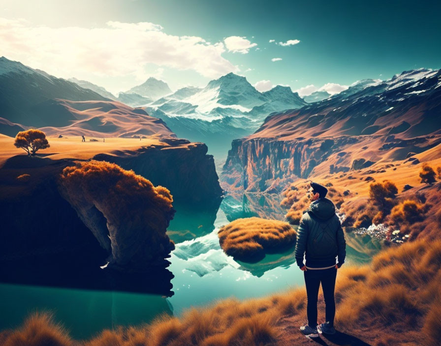 Person overlooking dramatic landscape with river, gorge, trees, and mountains.