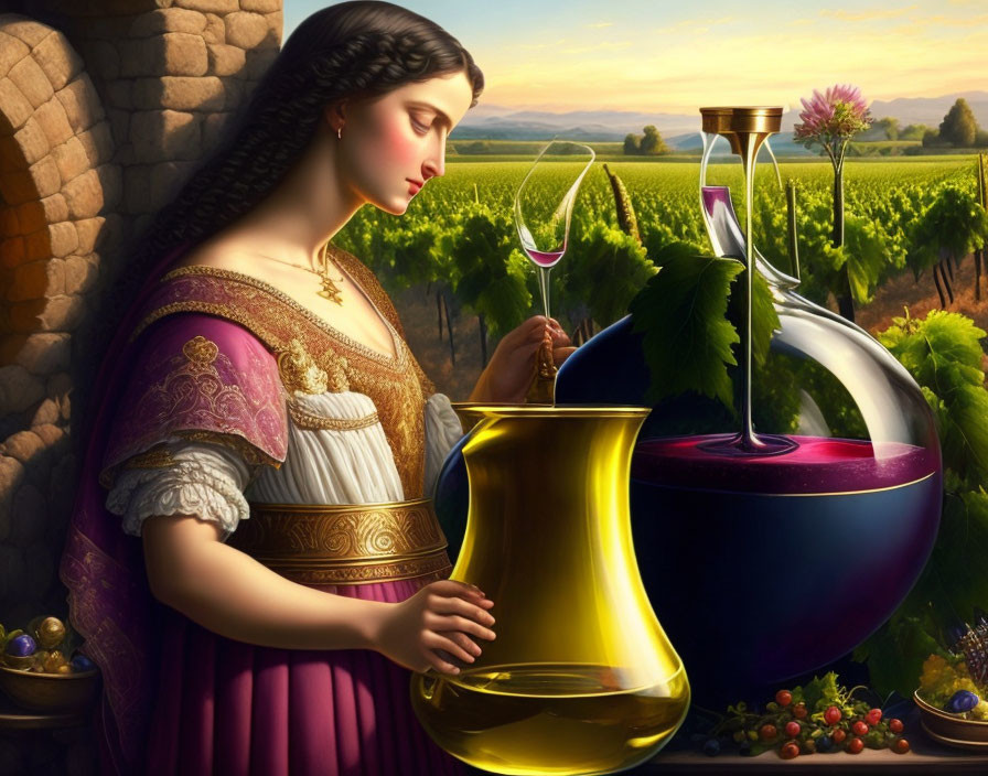 Woman in purple dress with wine glass, oversized bottles, vineyard background