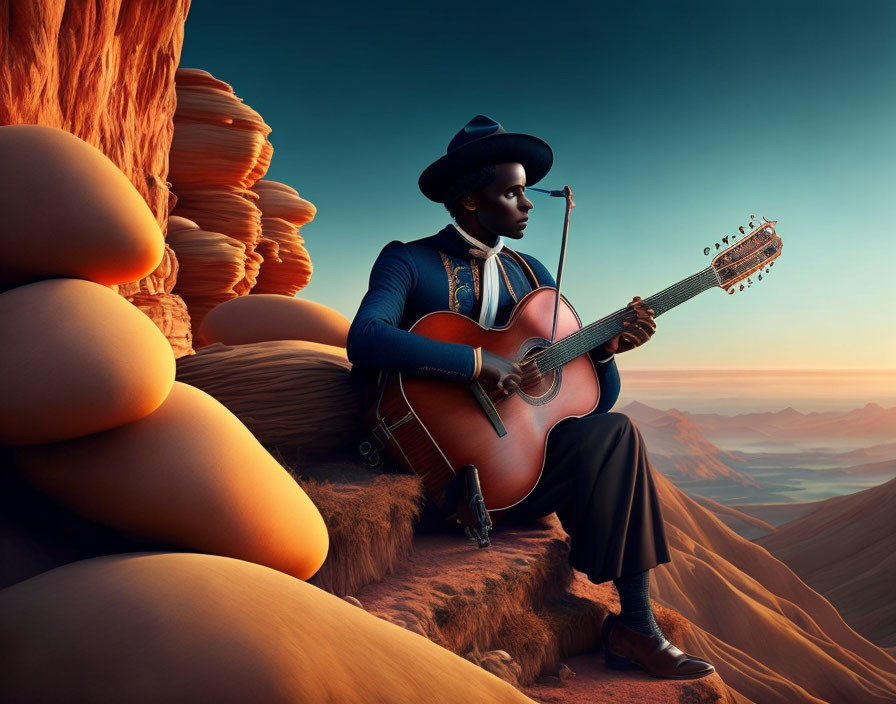 Person in blue suit and hat playing guitar in desert landscape