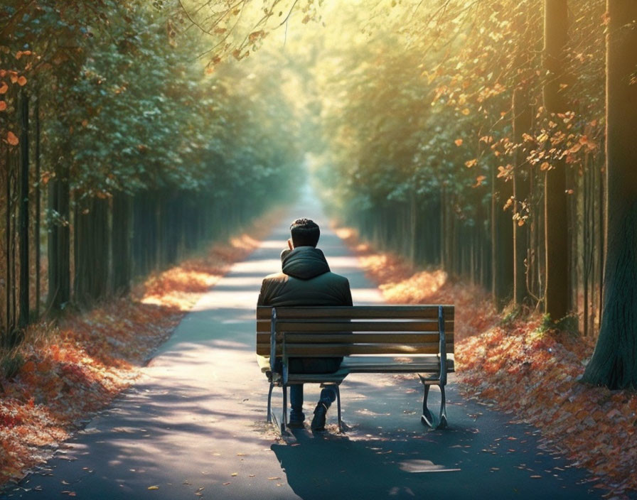 Solitary figure on bench in autumnal park with sunlight filtering through trees