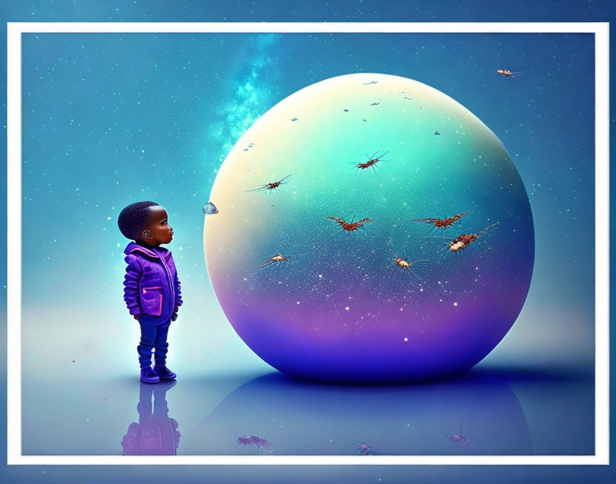 Child in purple jacket mesmerized by glowing orb with birds in starry sky