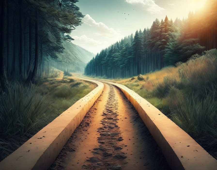 Tranquil forest scene with winding railway track